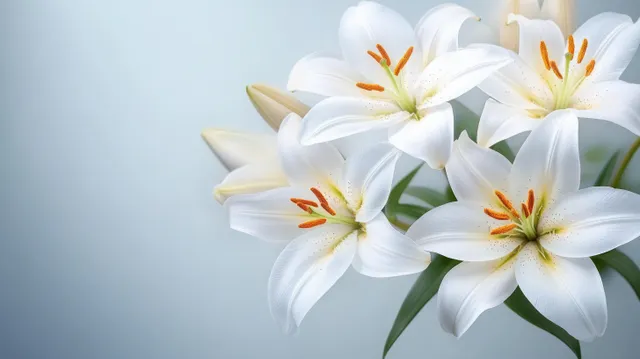 White lilies close-up with soft daylight on pale background for memorial card detail