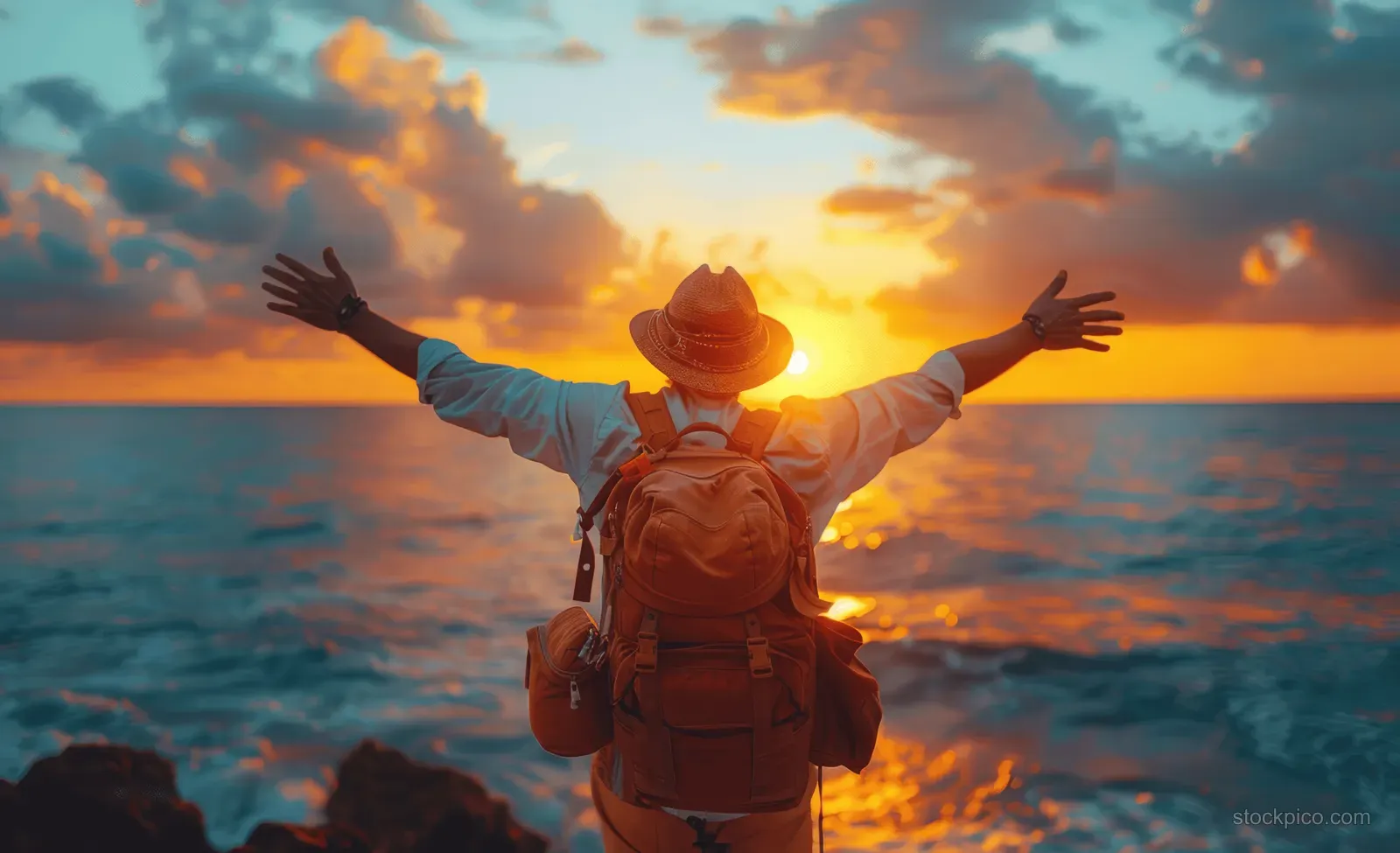 Backpack hiker stands on a beach with arms outstretched, watching the glowing sunset over the ocean.