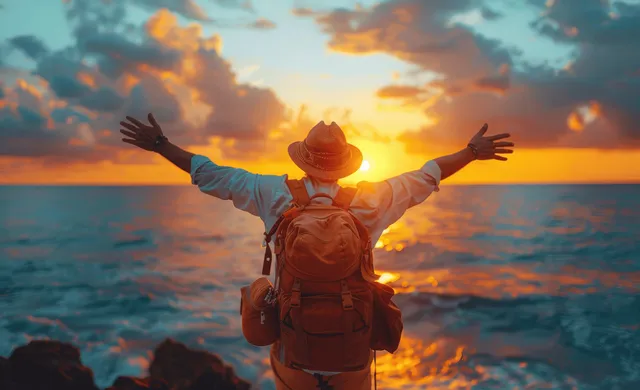 Joyful hiker throws arms wide at ocean sunset, backpack and warm golden sky