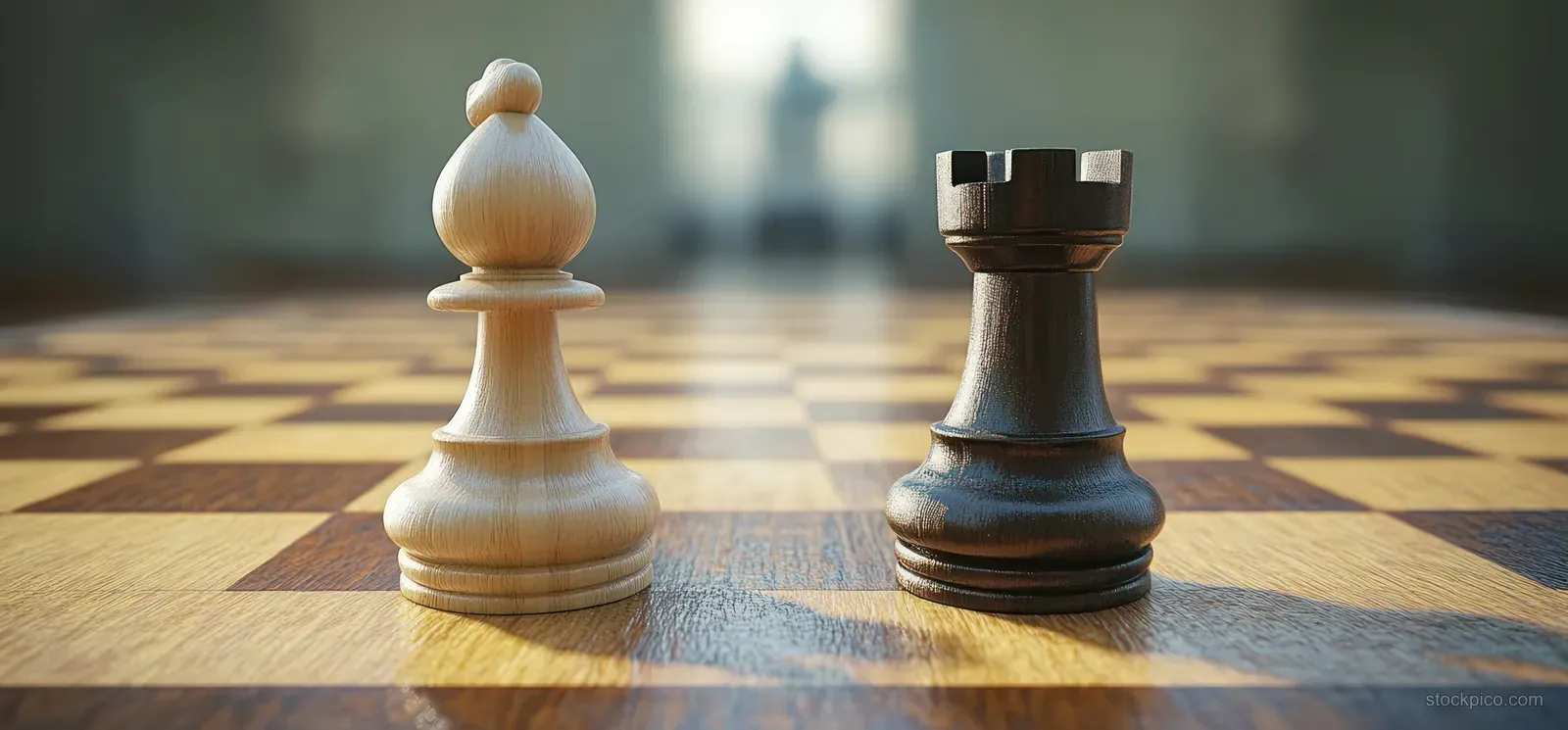 A white pawn and black knight stand on a chessboard under warm focused light with blurred pieces behind.