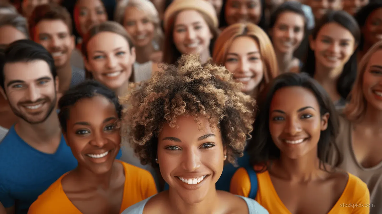 Smiling young woman with curly hair in front center as a diverse group of friends poses closely behind her.