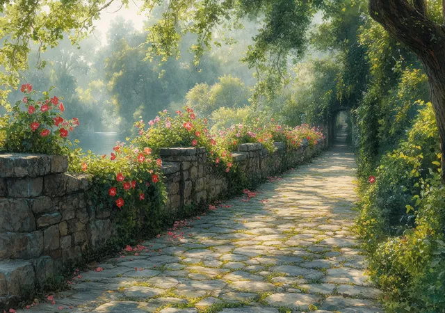 Watercolor scene of a canal-side stone walkway beside a house, bordered by morning glories and flowering plants.