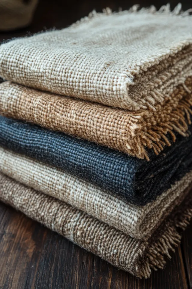 Stack of textile swatches with visible weave and fringed edges on a dark wooden table.