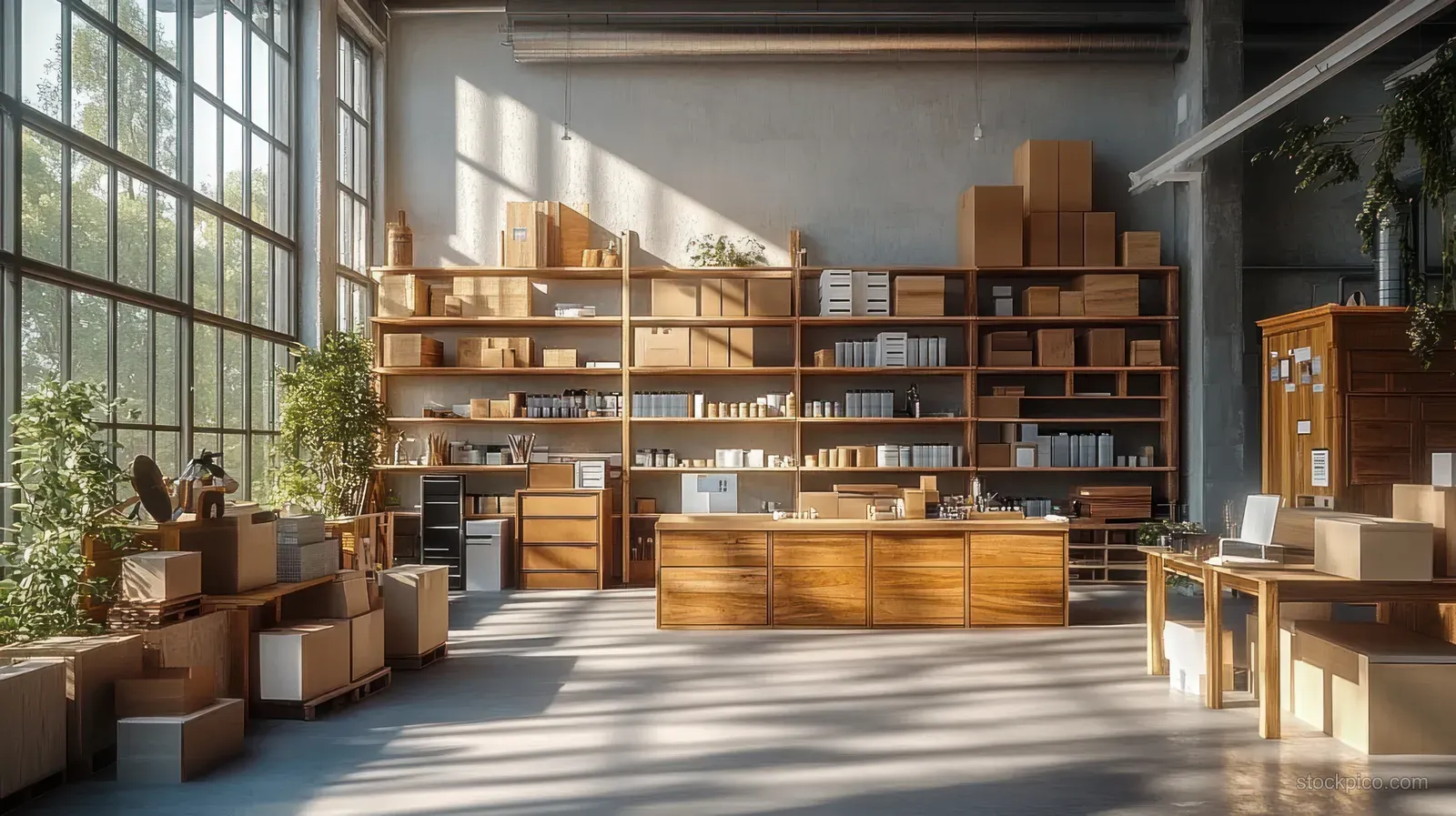 Sunlit woodworking workshop with wooden shelves, tools at a workbench, and stacked furniture boxes.