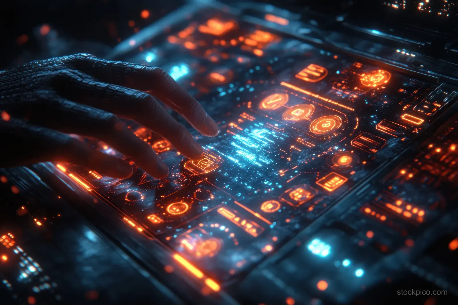 Hands typing beside a laptop screen filled with neon project management icons for cost, risk, and schedule.