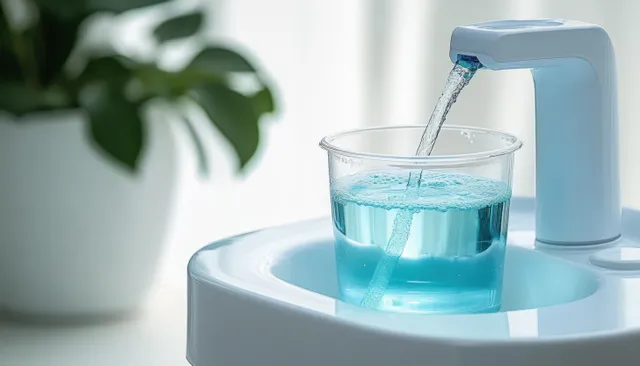 Clear water pours from a countertop dispenser into a transparent cup with blue liquid on a white surface.
