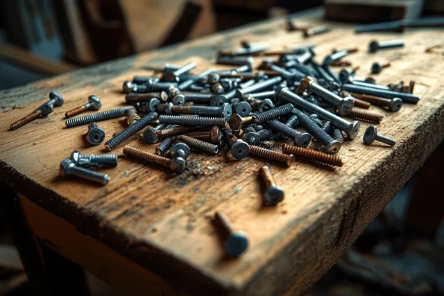 Metal screws scattered across a rough wooden workbench, workshop tools blurred behind