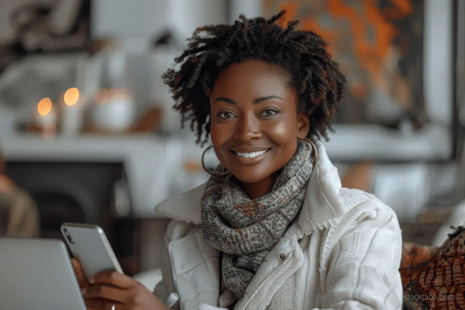 Smiling African American woman holds a smartphone while seated at a desk with a laptop in an office.
