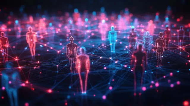 Glowing human silhouettes connected by blue and red lines across a dark digital network mesh.