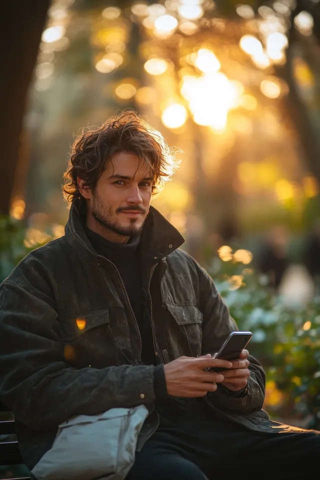 African American man seated on a park bench using a smartphone while holding a drink in warm sunset light.