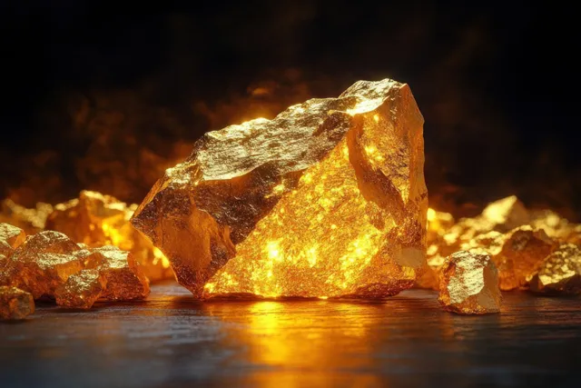 Rough gold nuggets sparkle and glow with warm light on a dark reflective surface.