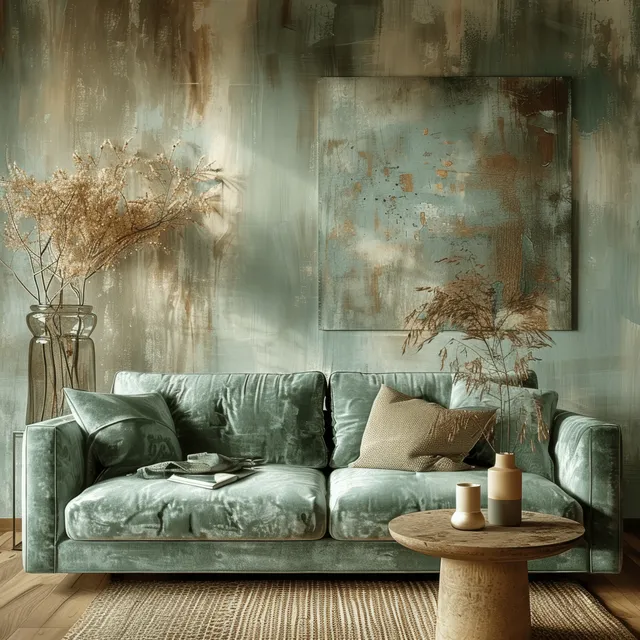 Green velvet sofa with pillows and vase sits against an antique textured plaster wall with a small side table nearby.