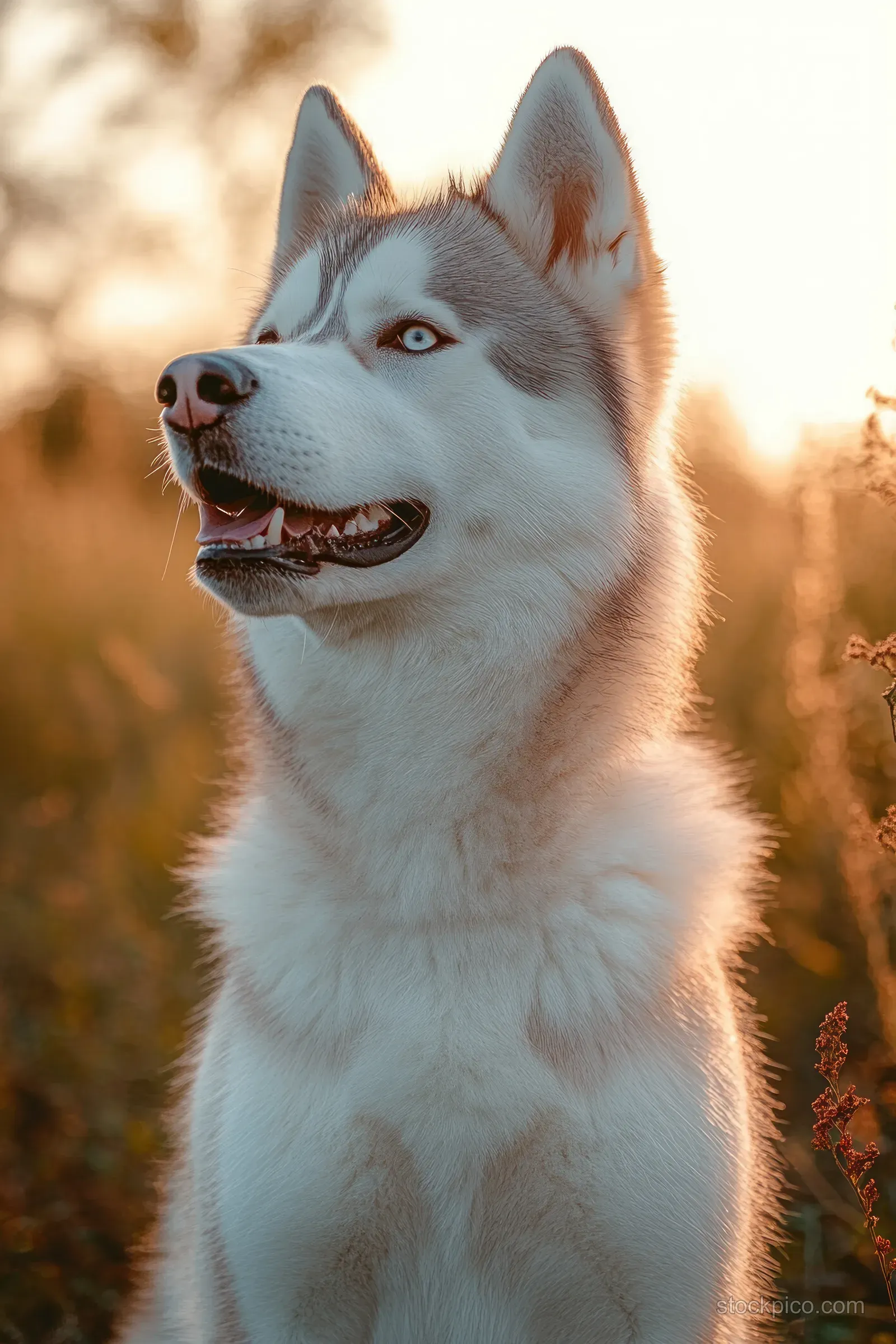 A husky dog with blue eyes sits calmly in a golden-hour field with warm sunlight and a soft blurred background.