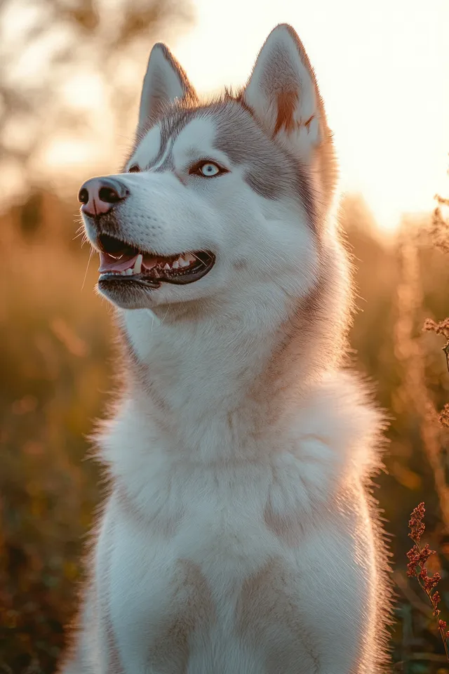 A husky dog with blue eyes sits calmly in a golden-hour field with warm sunlight and a soft blurred background.