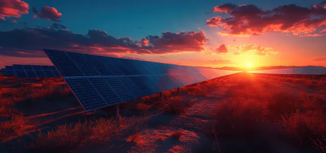 Wide-angle view of a solar panel farm in the Nevada desert at sunset, showcasing solar panels and dramatic lighting.