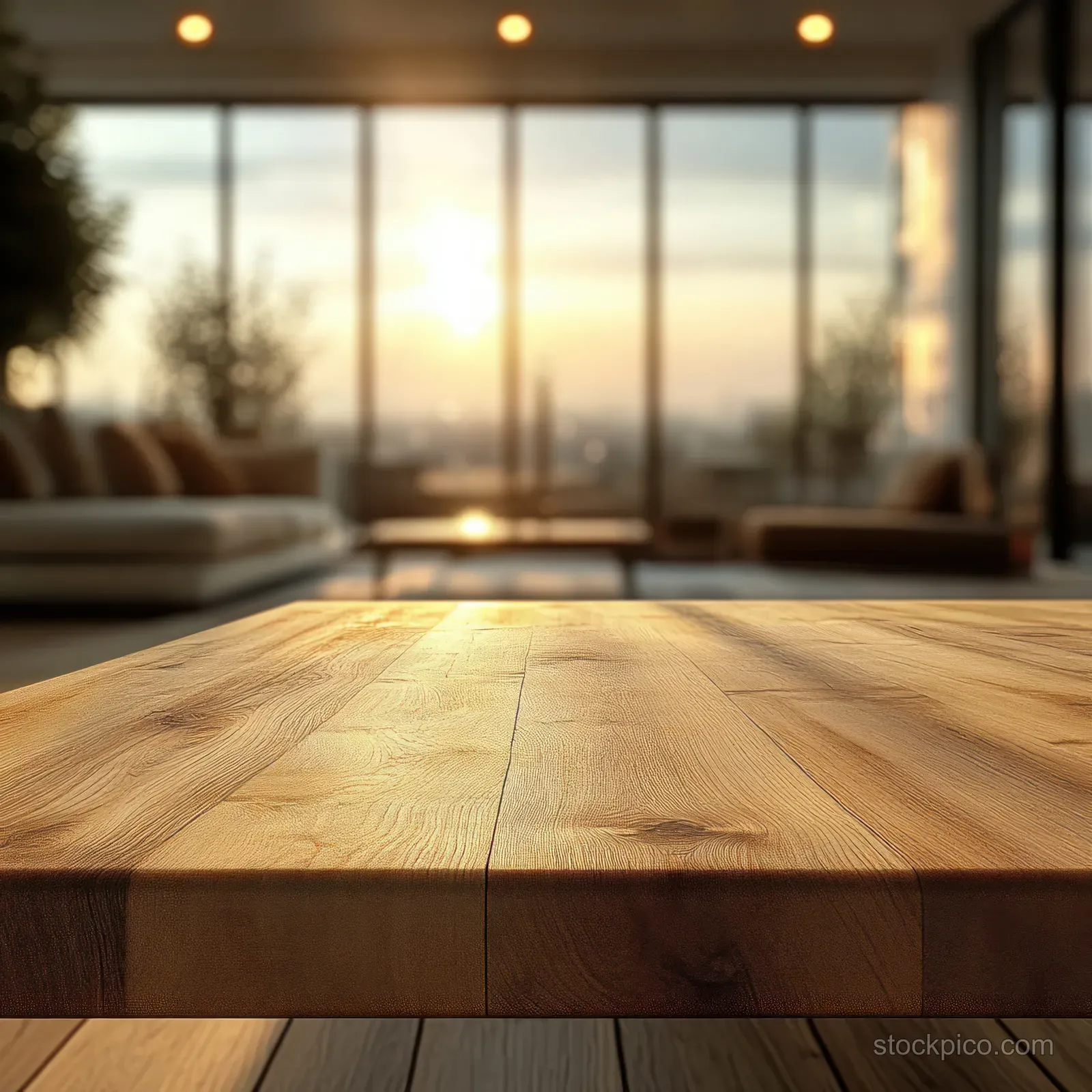 Empty wooden table top in a cozy living room with a blurred sofa and soft sunset light through large windows.