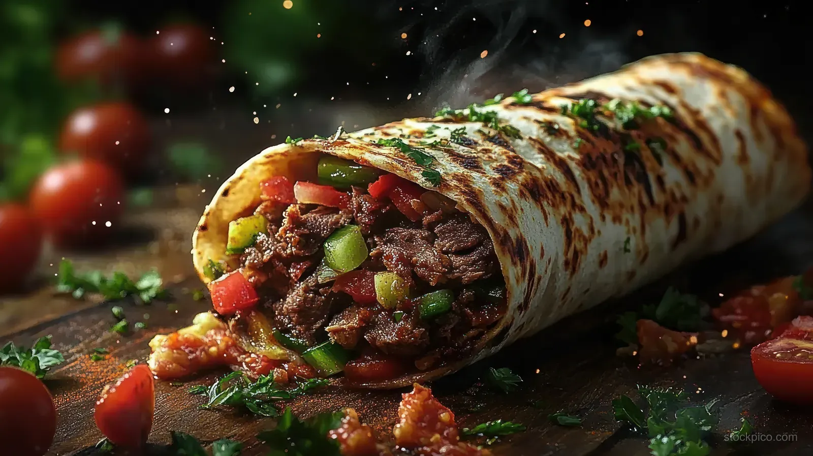 Close-up of a cut grilled beef wrap with diced tomatoes and green peppers, garnished with fresh herbs on a board.