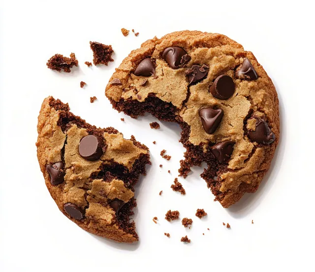 Broken chocolate chip cookie with scattered crumbs and visible chocolate chunks on a white background.