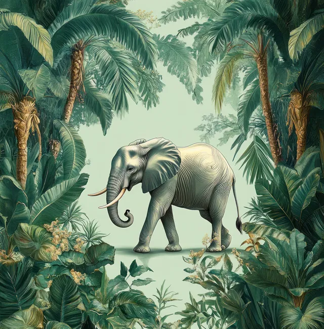 An elephant walks through lush tropical jungle foliage in a vintage botanical illustration.
