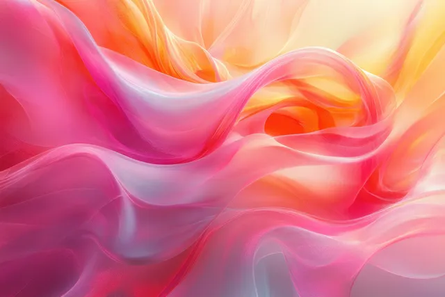Glossy pink and orange fluid ribbons swirl across a luminous abstract background