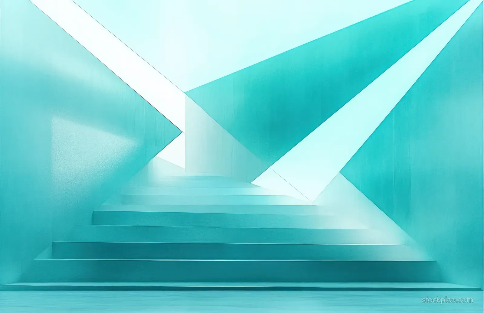 A modern turquoise staircase showcases sharp geometric shapes and gradient lighting, creating a calm, contemporary atmosphere.