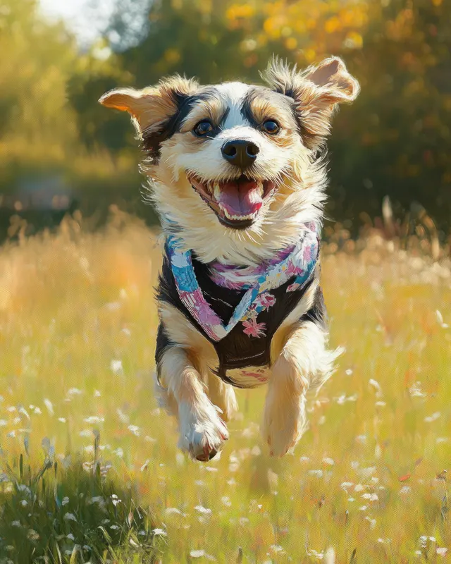 Small dog running through sunlit summer grass in a park meadow with a patterned bandana.