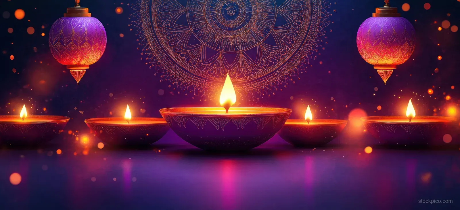 Lit Diwali candles glow with geometric lanterns and a purple gold mandala backdrop over a reflective surface.