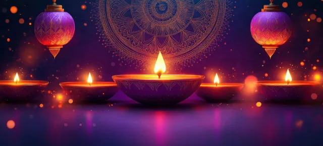 Diwali candles glow beside geometric lanterns over purple gold mandala background