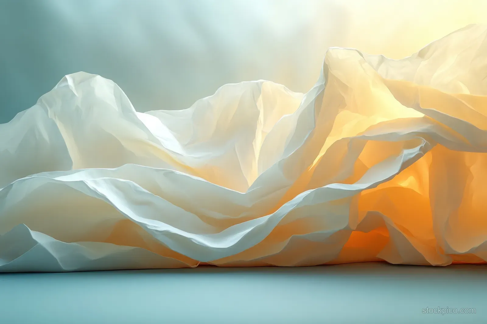 Crumpled white paper sheet with soft folds and shadows on a teal tabletop.