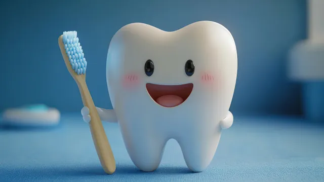 Smiling cartoon tooth character holding a toothbrush with blue bristles on a blue background.