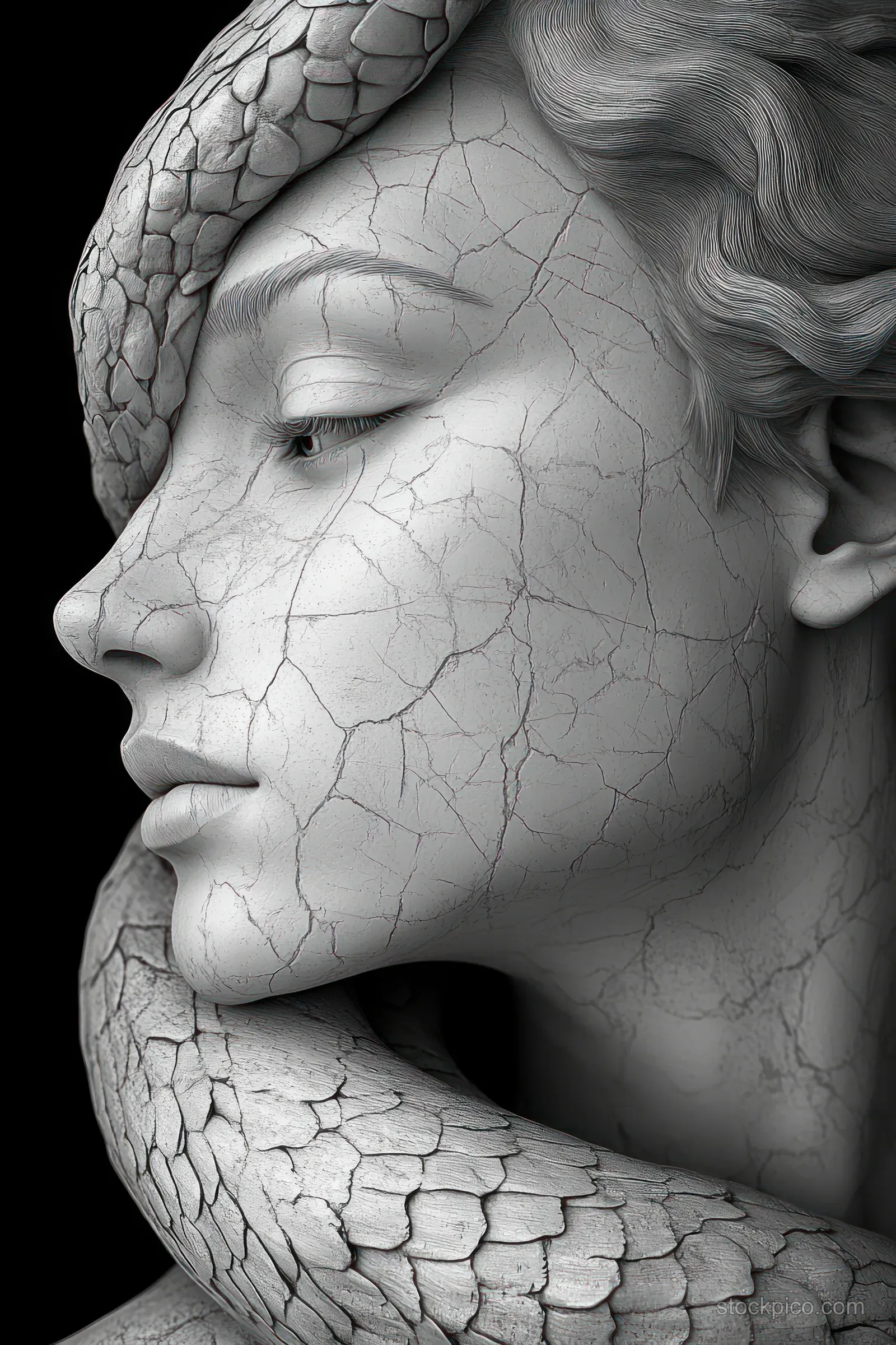 Cracked white female statue face with a serpent coiled around her head and neck in close-up detail.