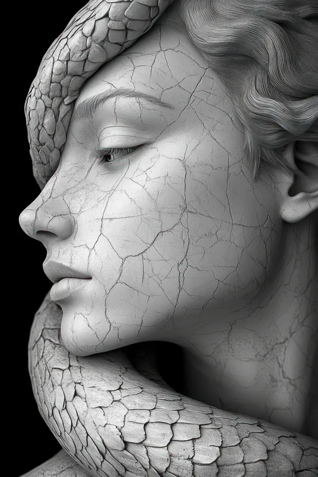 Cracked white female statue face with a serpent coiled around her head and neck in close-up detail.