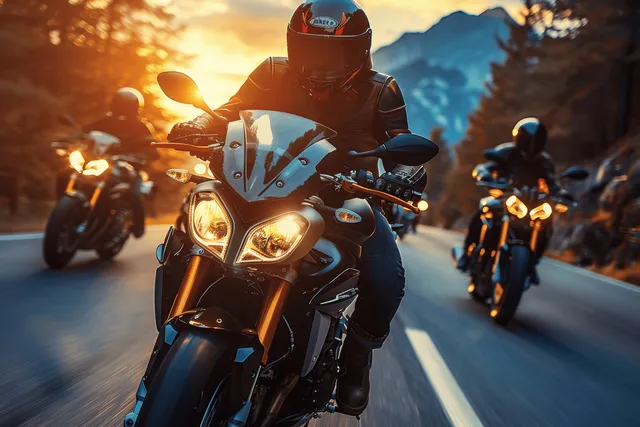 Motorcyclists race a winding mountain highway at sunset with glowing headlights and motion blur.