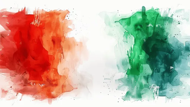 Italian flag watercolor splash with red and green brushstrokes on white texture