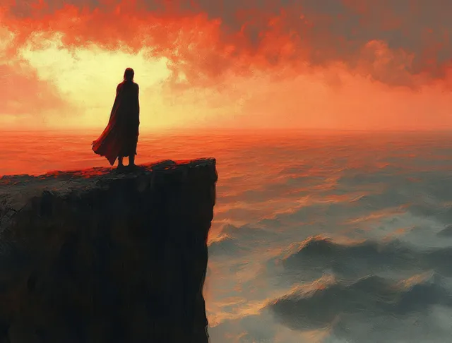 Silhouette of a lone figure on a rugged cliff overlooking a stormy ocean at sunset