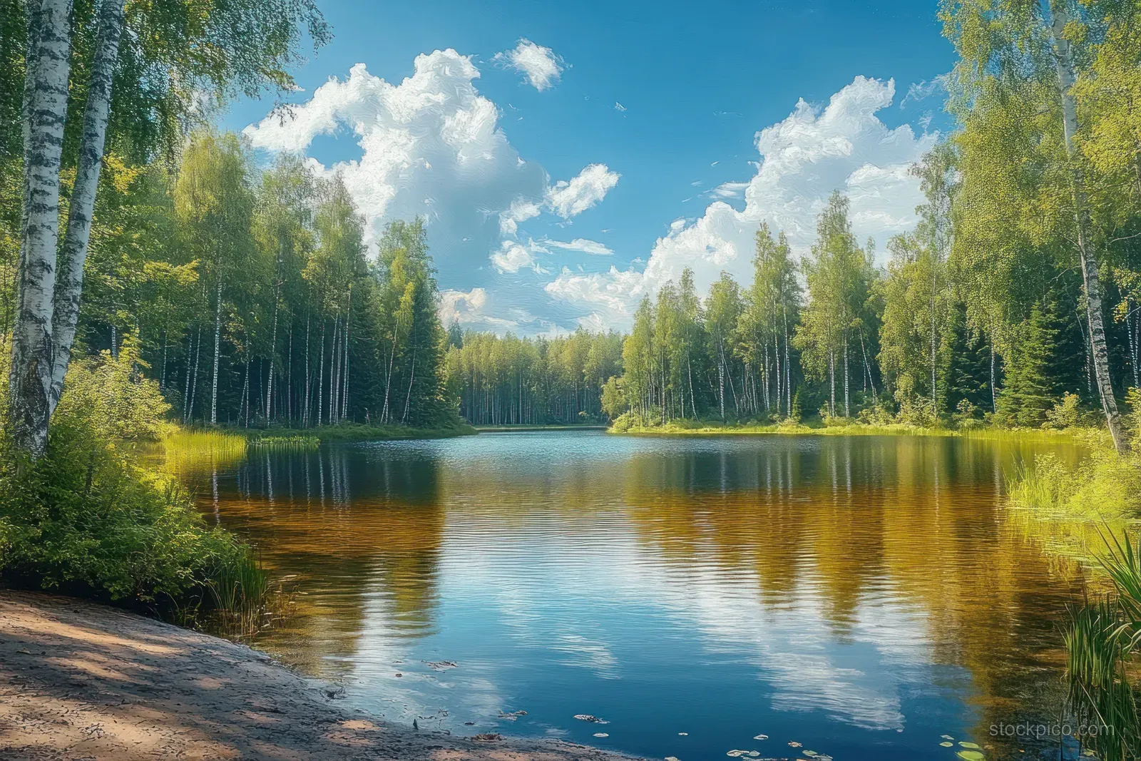 Calm lake surrounded by green birch trees, reflecting blue sky clouds on the water.