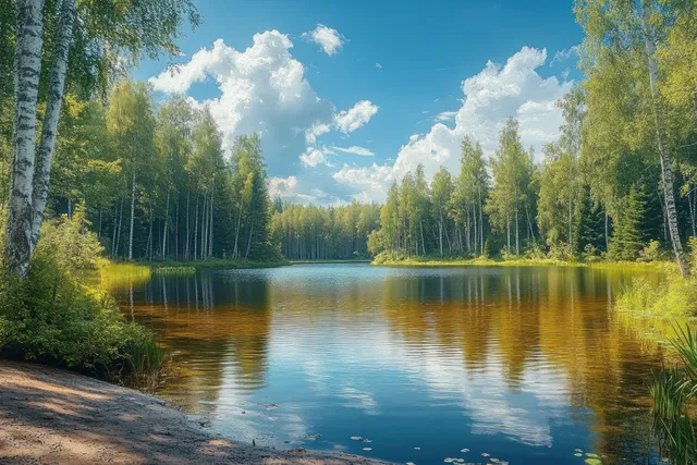 Serene lake with birch-lined shoreline reflecting blue sky and fluffy clouds