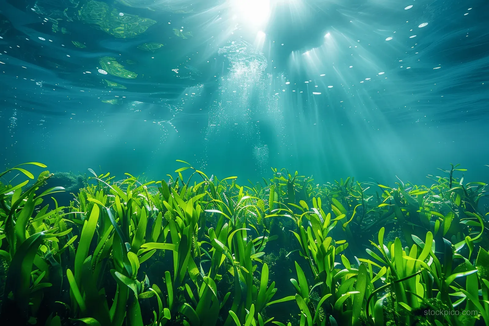 Green seagrass sways beneath sunbeams in clear blue water with blurred fish in the background.