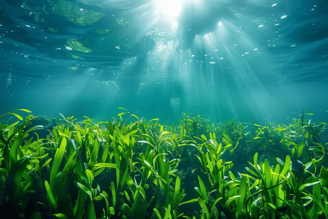 Close-up underwater seagrass swaying in sunbeams with blurred fish silhouettes in blue ocean with Water Surface Glow