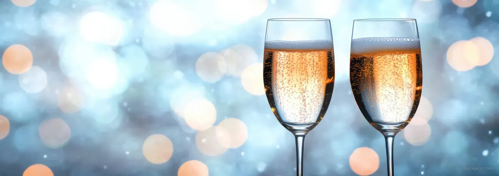 Two champagne flutes clink in front of snowy winter bokeh lights with golden sparkling highlights.