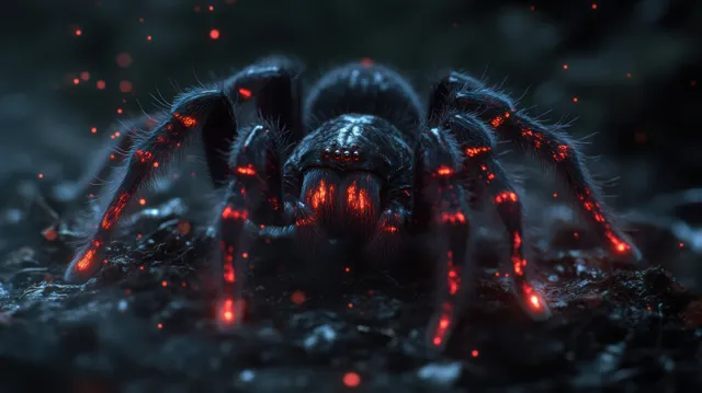 Black tarantula crouches on dark soil, its legs and joints glowing red amid an eerie Halloween haze.