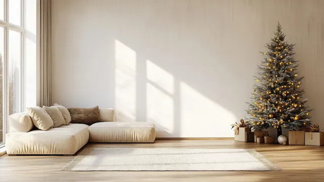 A lit Christmas tree stands beside a cream sofa in a bright minimalist living room with wooden floor and soft daylight.