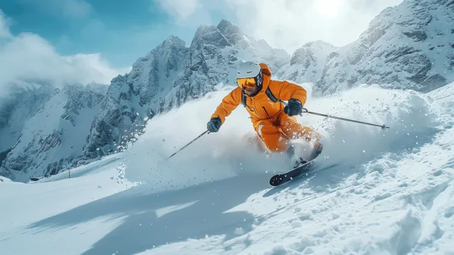 Orange-suited skier carving through snowy powder on a steep alpine slope with mountains and blue sky behind.