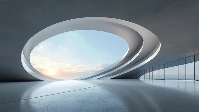 Curved concrete portal arch frames an empty showroom floor with reflective lighting under a dusk sky.