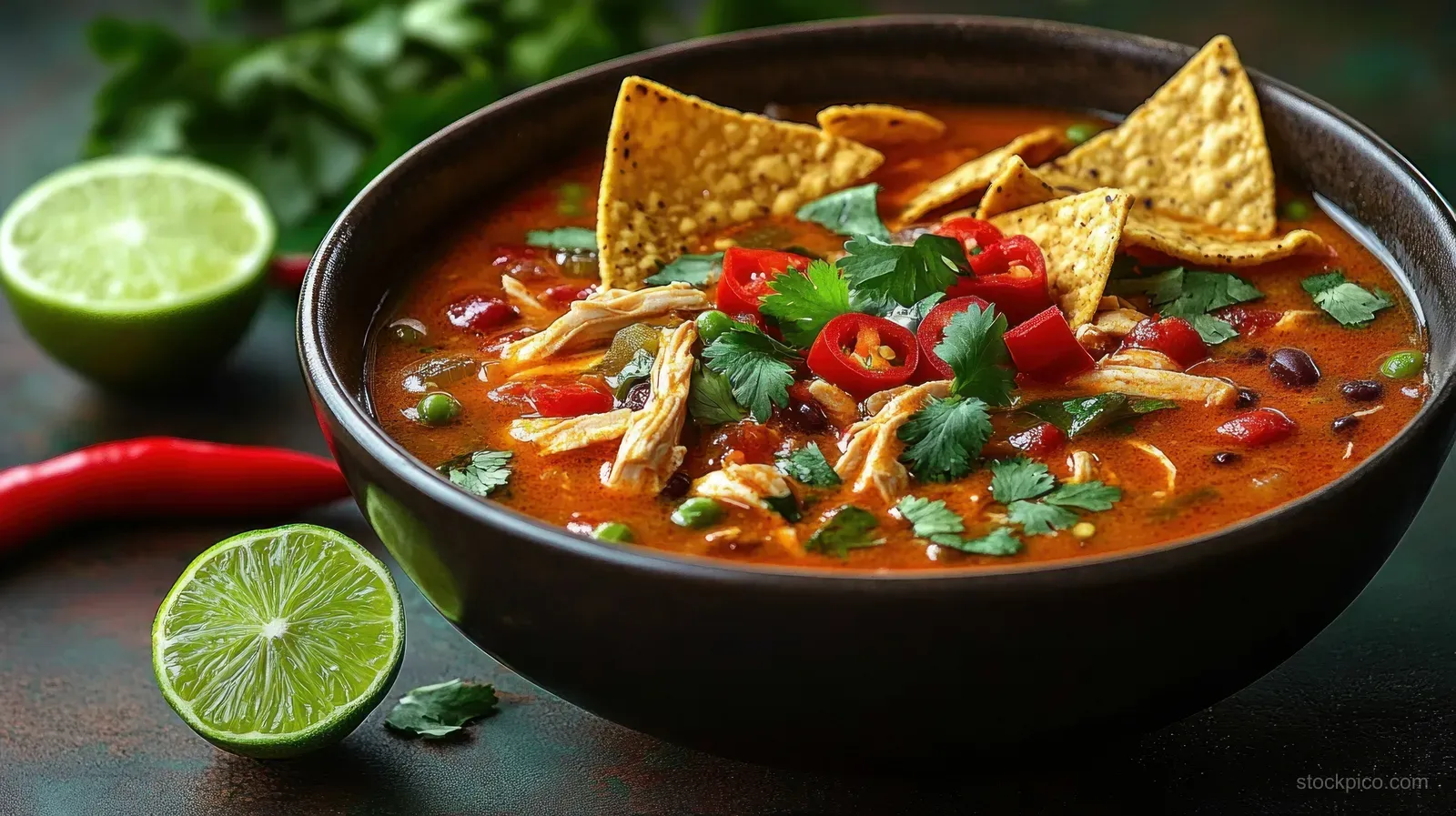 A bowl of spicy chicken tortilla soup topped with cilantro and red chili slices, with tortilla chips and lime wedges on the side.