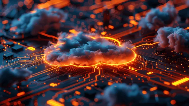 Glowing orange circuitry forms a digital cloud amid streaming data lines in sci‑fi network