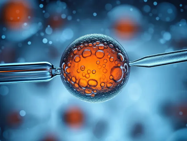An orange cell is centered between two glass micropipettes with tiny droplets around it in a lab-like setting.