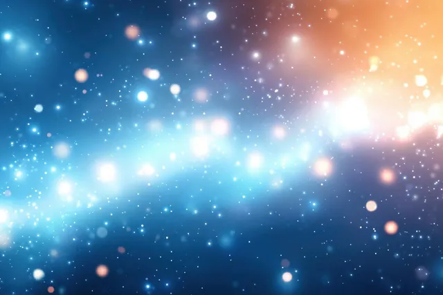Blue bokeh light particles float across a soft gradient with a bright sun flare and gentle glow.