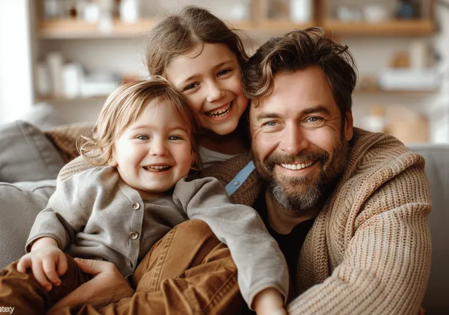 Smiling father cuddles two kids on cozy sofa during bright living room bonding time
