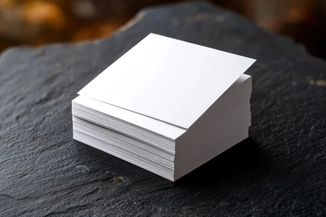 Stack of blank white square cards on dark textured stone with warm blurred background